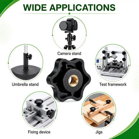 Wide applications of Twenty Count One Quarter Twenty Thread Star Knobs Durable Nylon Thumb Screws with Solid Brass Insert.