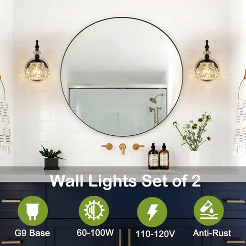 Two Pack Black Wall Sconces With Glass Shade Dope Vanity Bath Lighting Rust Proof Durable Wall Lamps in bathroom setting