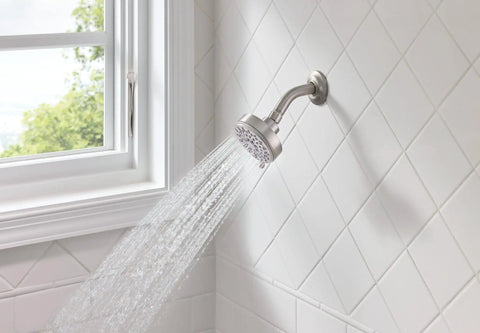 Five Function Shower Head With Three And Three Quarters Inch Spray Face Wall Mount In Spot Resist Brushed Nickel Finish in action