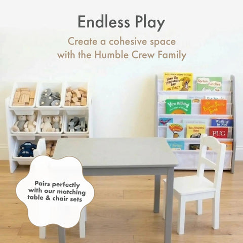 Three Tier Toy Storage Organizer With Nine Removable Bins and book rack in playroom with table and chairs set