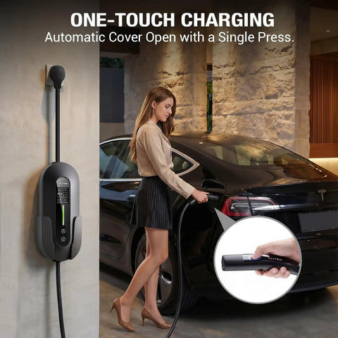 Tesla Compatible Level 2 EV Charger With 40A Adjustable Current 240V Portable Home Charger in use with NACS Connector.