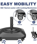 Beefed Up Patio Umbrella Base With Wheels Fillable To 100 Lb with locking wheels shown in locked and unlocked positions for mobility and stability.