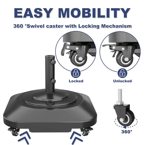 Beefed Up Patio Umbrella Base With Wheels Fillable To 100 Lb with locking wheels shown in locked and unlocked positions for mobility and stability.