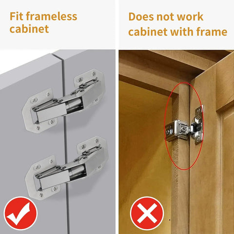 Two-Pack Hidden Hinges For Frameless Cabinet Doors, 90 Degree Concealed Surface-Mount Hinges For Modern Cabinets, showing proper and improper installation