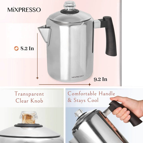 Stainless Steel Coffee Percolator For Stovetop 37oz 2 To 8 Cup Pot With Cool Touch Handle Perfect For Camping And Home Use