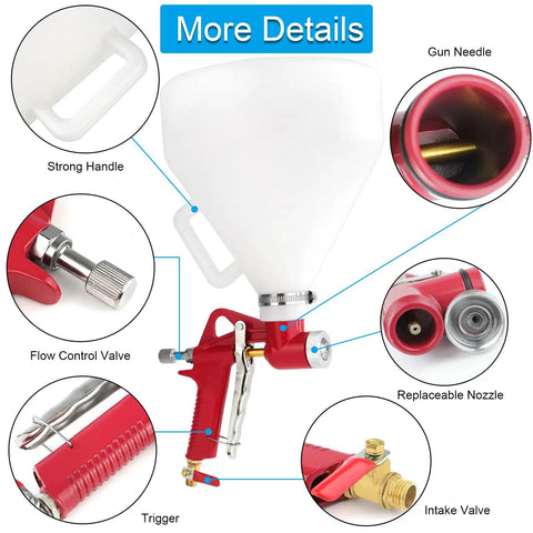 Detailed view of 1.5 Gallon Air Hopper Texture Drywall Sprayer Featuring Three Precision Nozzles, showing handle and flow control valve.