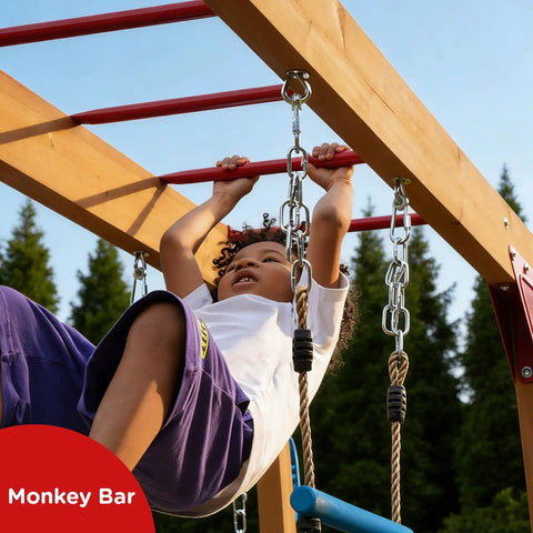 Child playing on backyard playground swing set with monkey bar and belt swings for kids, outdoor playset with trapeze bar and climbing frame.