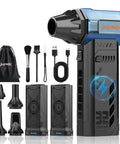 Electric Air Duster with two replaceable batteries, 3 nozzles, brushes, and accessories for keyboard and car cleaning.