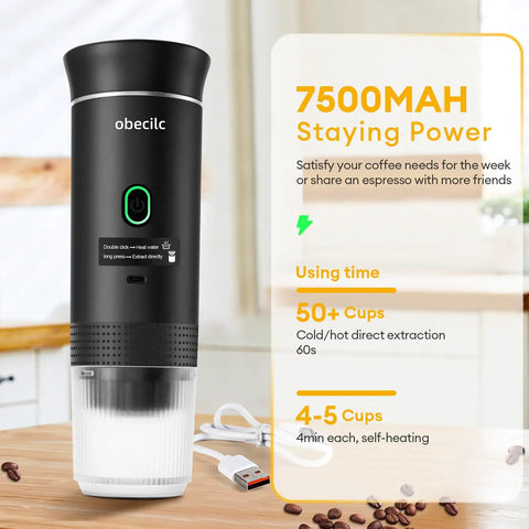 Portable Espresso Machine Featuring Self Heating System And 20 Bar Pressure Extraction For Road Trips Camping And Travel Adventures in black with USB-C.