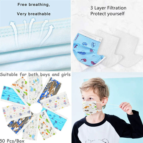 Collage of Kids Disposable Face Masks 50 Pack For Ages 5 To 12 3 Layer Filtration With Metal Nose Clip Multicolor