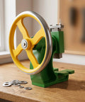 Beefy Professional Grade Manual Arbor Press Machine with yellow wheel and green base for quick jewelry crafting repairs.