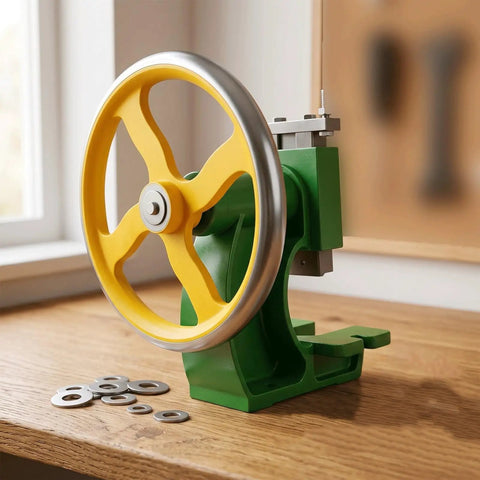 Beefy Professional Grade Manual Arbor Press Machine with yellow wheel and green base for quick jewelry crafting repairs.