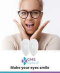 Quality Silicone Nose Pads For Glasses Replacement Teardrop Medium 15mm Push In Mount shown with a smiling woman wearing glasses.