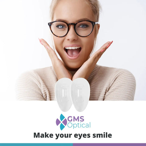 Quality Silicone Nose Pads For Glasses Replacement Teardrop Medium 15mm Push In Mount shown with a smiling woman wearing glasses.