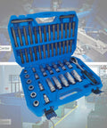 Beast 50 Piece Drive Shock Absorber Tool Kit With Go-Through Ratchet, 1/2 And 3/8 Inch Drive Bits in blue case