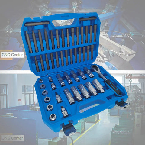 Beast 50 Piece Drive Shock Absorber Tool Kit With Go-Through Ratchet, 1/2 And 3/8 Inch Drive Bits in blue case