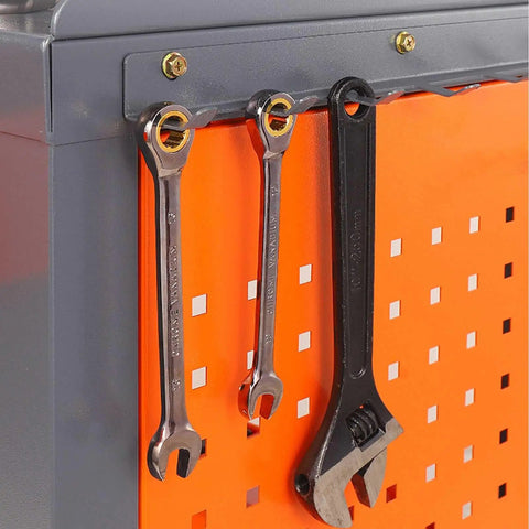 Heavy Duty Steel Workbench With Two Lockable Drawers And Pegboard Organizer For Garages Workshops And Machine Shops, tools hanging on pegboard.