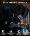 Person welding with Auto Darkening Welding Helmet With True Color View, solar-powered, adjustable shade, glossy black finish.
