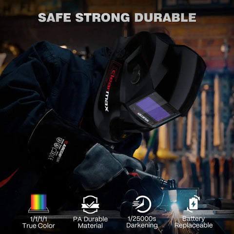 Person welding with Auto Darkening Welding Helmet With True Color View, solar-powered, adjustable shade, glossy black finish.