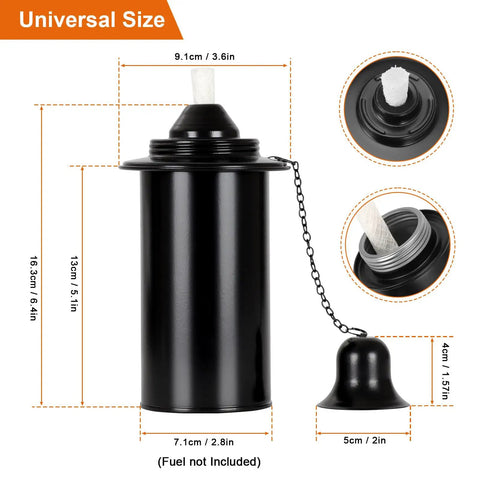 Torch Replacement Canisters For Bamboo Lanterns, Refillable Outdoor Torches, shown with size dimensions, cap detail