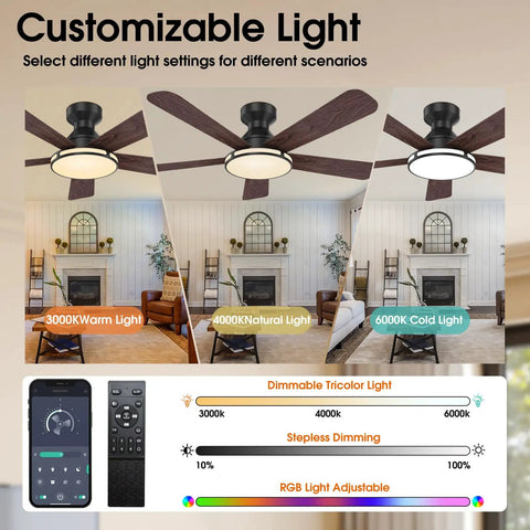 Ceiling Fans,46" RGB Low Profile Ceiling Fans with Lights showcasing customizable light settings in a living room.