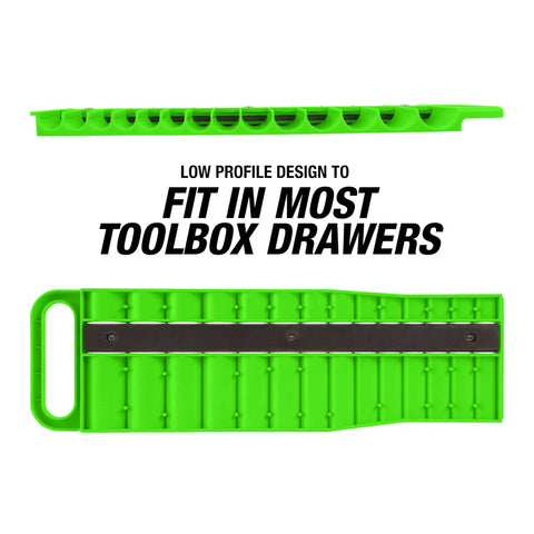 Top and side view of green Three Pack Portable Magnetic Socket Organizer Tray For One Quarter Inch, Three Eighth Inch, And One Half Inch Drive Sockets, Holds Up To 76 Sockets, Magnetic, Rugged Green Tray For Toolbox, Garage, Or Shop.