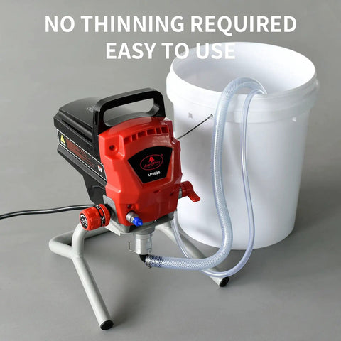 Pro Grade Airless Paint Sprayer With 950W Motor And 0.52 GPM Flow Rating connected to a paint bucket for easy use.