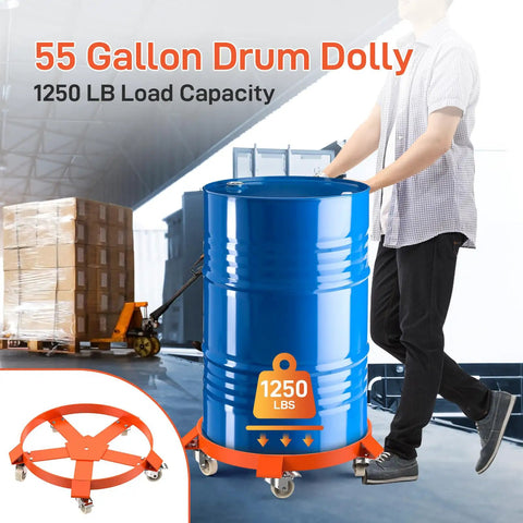 Heavy Duty 55 Gallon Drum Dolly Non Tipping Steel Frame With Powder Coat 1250 Lbs Capacity Stable Drum Cart With Thick Cross Braces To Prevent Warping And Rust Resistant Build on blue drum