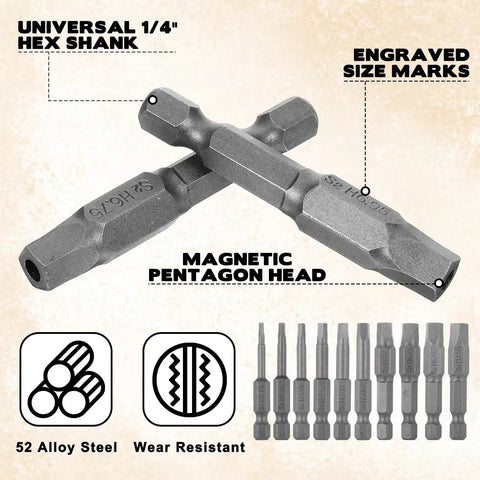 Badass Magnetic Security Star Bits Set Featuring Rock Solid S2 Steel Construction No Hassle Quarter Inch Hex Shank Drive showing magnetic pentagon head design.