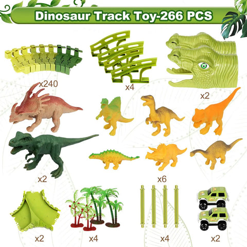 266 Piece Dino Track Set For Kids Ages 3 4 5 6 7 Flexible Race Tracks With 2 Dino Cars Bridges Tunnels and Dinosaurs