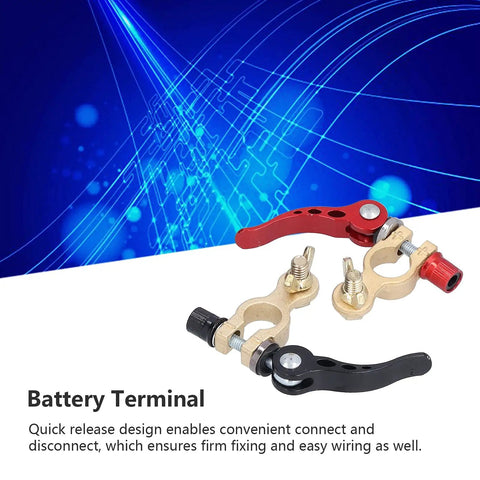 2 Pack Battery Terminal Connectors with Quick Release Clamp for Cars, Trucks and RVs, shown in copper and aluminum alloy.