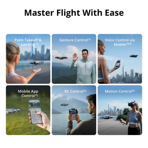 Image showing 4K Beginner Drone with Fly More Combo and RC N3 Controller performing palm takeoff, gesture, motion, and mobile app control.