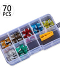 Premium Heavy Duty Universal Auto Blade Fuses Assortment Kit With Fuse Removal Tool, 70 pieces in clear case, suitable for cars and boats.