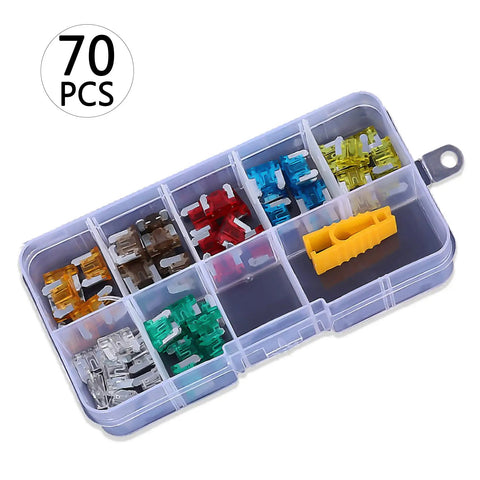 Premium Heavy Duty Universal Auto Blade Fuses Assortment Kit With Fuse Removal Tool, 70 pieces in clear case, suitable for cars and boats.