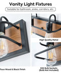Rustic Three Light Vanity Fixture With Industrial Black Finish And Faux Wood Back Panel, close-up of bulb and metal frame.