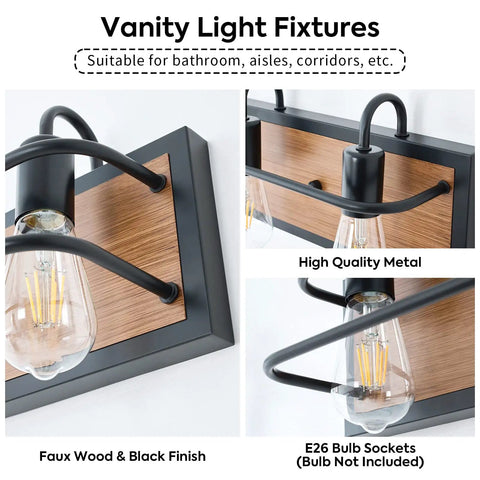 Rustic Three Light Vanity Fixture With Industrial Black Finish And Faux Wood Back Panel, close-up of bulb and metal frame.