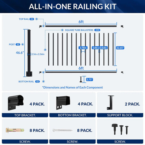 Built Tough Aluminum Deck Railing Kit 2 Pack 36 Inch High By 6 Feet Wide Modular Side Mount Post components diagram.