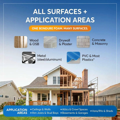 Infographic showing surfaces for Heavy Duty Spray Foam Insulation Kit including wood, drywall, metal, and concrete