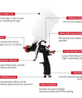 Premium Lvlp Gravity Feed Spray Gun With Interchangeable 1.3 To 2.0 Mm Nozzles And Integrated Air Regulator labeled components and ergonomic design features.