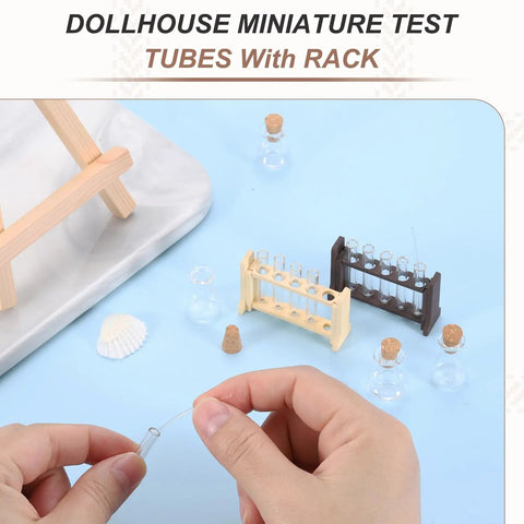 1/12 Scale Dollhouse Miniature Glass Test Tube Kit With Wooden Rack Brown Color Decorative Lab Gear For Dollhouse Science Scene And Tiny Desktop Lab Decor