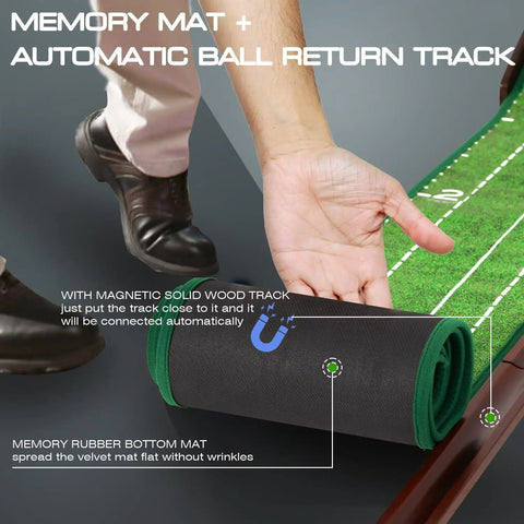 Person setting up Portable Indoor Golf Putting Mat with Ball Included, wrinkle free surface, solid wood build in office.
