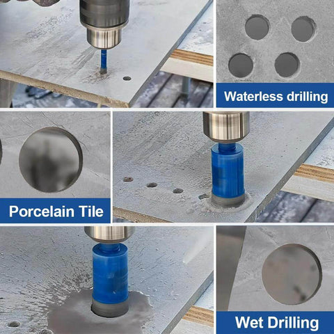 Dry Diamond Tile Drill Bit with hex shank, 30mm diameter; blue collar used on porcelain tile