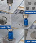 5 Pack 14mm Diamond Tile Drill Bits With Hex Shank For Porcelain Ceramic Marble Granite And Other Hard Materials Vacuum Brazed Core Bits 80mm Length No Slip Hex Shank Clean Fast Drilling For Electric Drills in use during dry and wet drilling on hard tile surfaces.