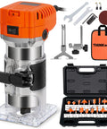 Powerful 6.5 Amp Variable Speed Wood Router Workhorse 1.25 HP Trim Router With Six Speed Settings And 15 Piece Quarter Inch Bit Set shown with accessories