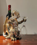Steampunk Dragon Wine Bottle Holder With Two Glasses Metal Gothic Wine Rack For Home Bar Man Cave Decor Gift For Men 11 Point 6 Inch High Holds One Bottle And Two Glasses