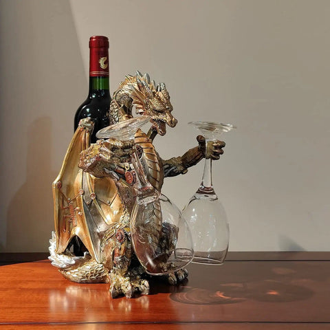 Steampunk Dragon Wine Bottle Holder With Two Glasses Metal Gothic Wine Rack For Home Bar Man Cave Decor Gift For Men 11 Point 6 Inch High Holds One Bottle And Two Glasses
