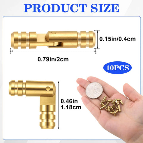 10 Pcs Brass Hidden Barrel Hinges 0.15x0.79 Inch Mini Cylinder Hinges beside hand with coin for size comparison