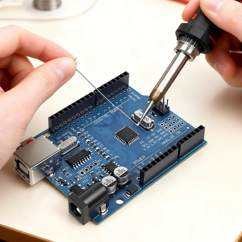Hands soldering components on Arduino Compatible ATmega328P Microcontroller Board With USB Cable For Beginners And Pros, 7-12V Vin
