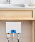 Heavy Duty Top Tier Instant Tankless Water Heater With Quick Draw Heating Matrix And Smart Temp Slide Bar Control Panel mounted under kitchen sink.