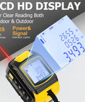4-In-1 Digital Laser Tape Measure With 328 Ft Range And 16 Ft AutoLock Tape, Dual-Axis Leveling, Cross-Line Leveling, Class II Laser Output Under 1 mW, Built For DIYers, Pros, And Home Reno Projects. LCD display showing laser readings